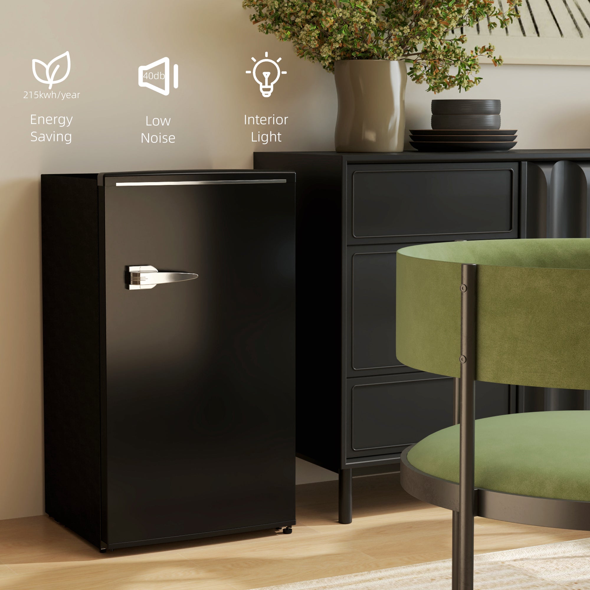 HOMCOM Under Counter Fridge, 85L Small Retro Refrigerator with Chiller Box, Adjustable Thermostat, Glass Shelves, Black