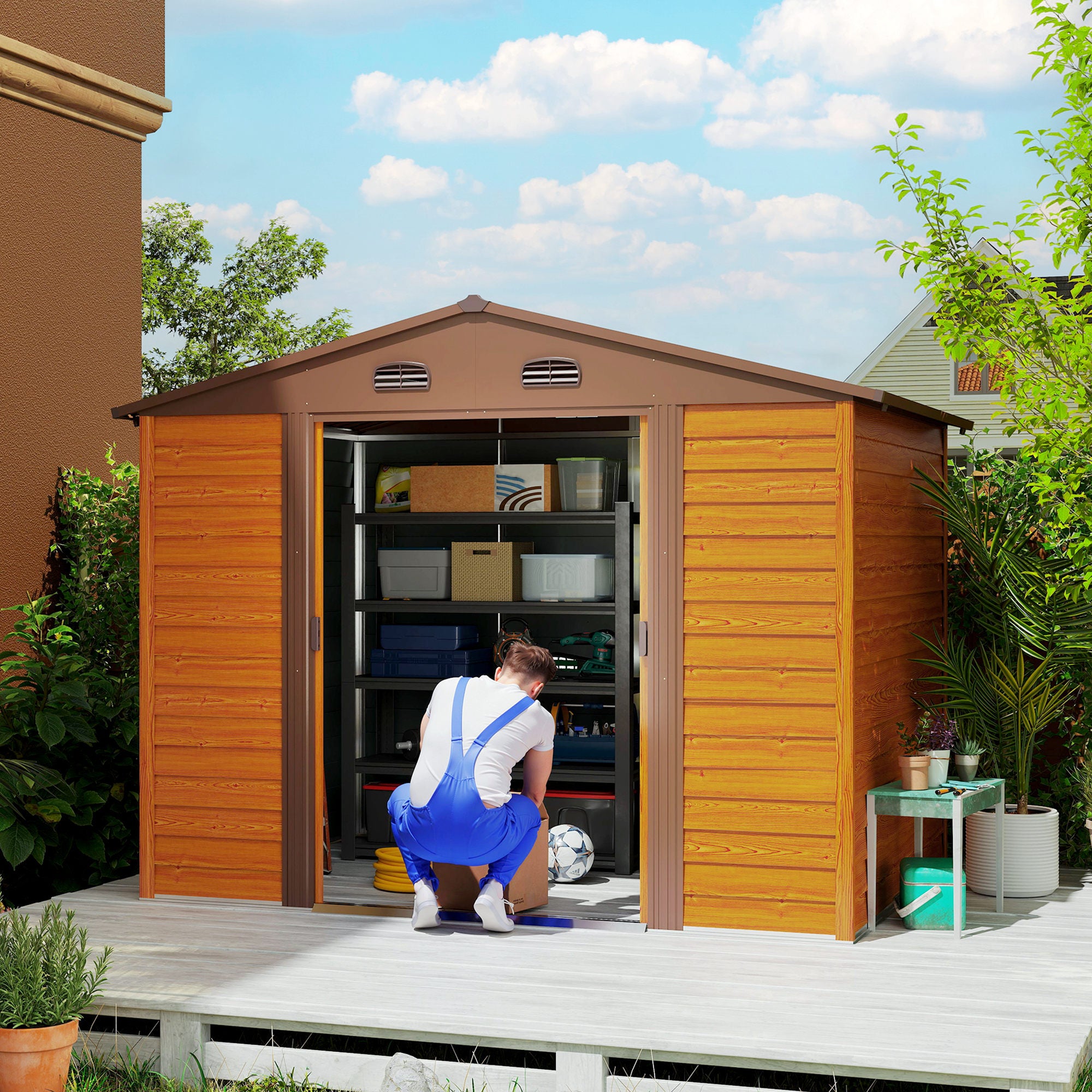 Outsunny 9 x 6ft Metal Garden Shed, House Hut Gardening Tool Storage with Ventilations, Sliding Door, Sloped Roof for Garden, Patio, Brown