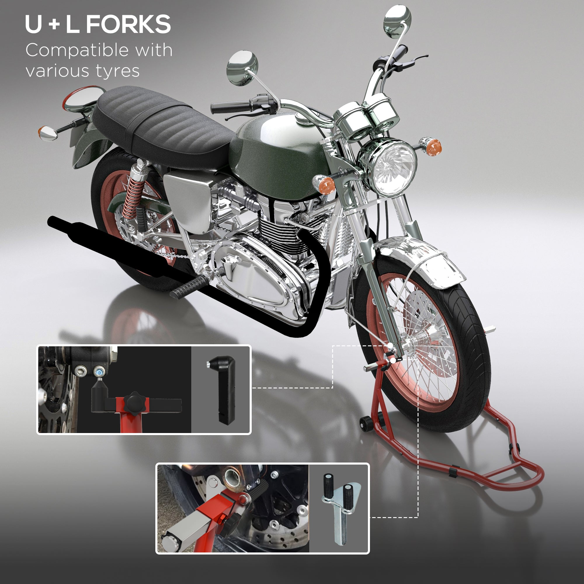 HOMCOM Front Motorcycle Paddock Stand Motorbike Stand with Anti-Slip Mat, U-Shaped and L-Shaped Adapters, 200 kg Capacity, for 18", 17" and 10" Tyre, Red