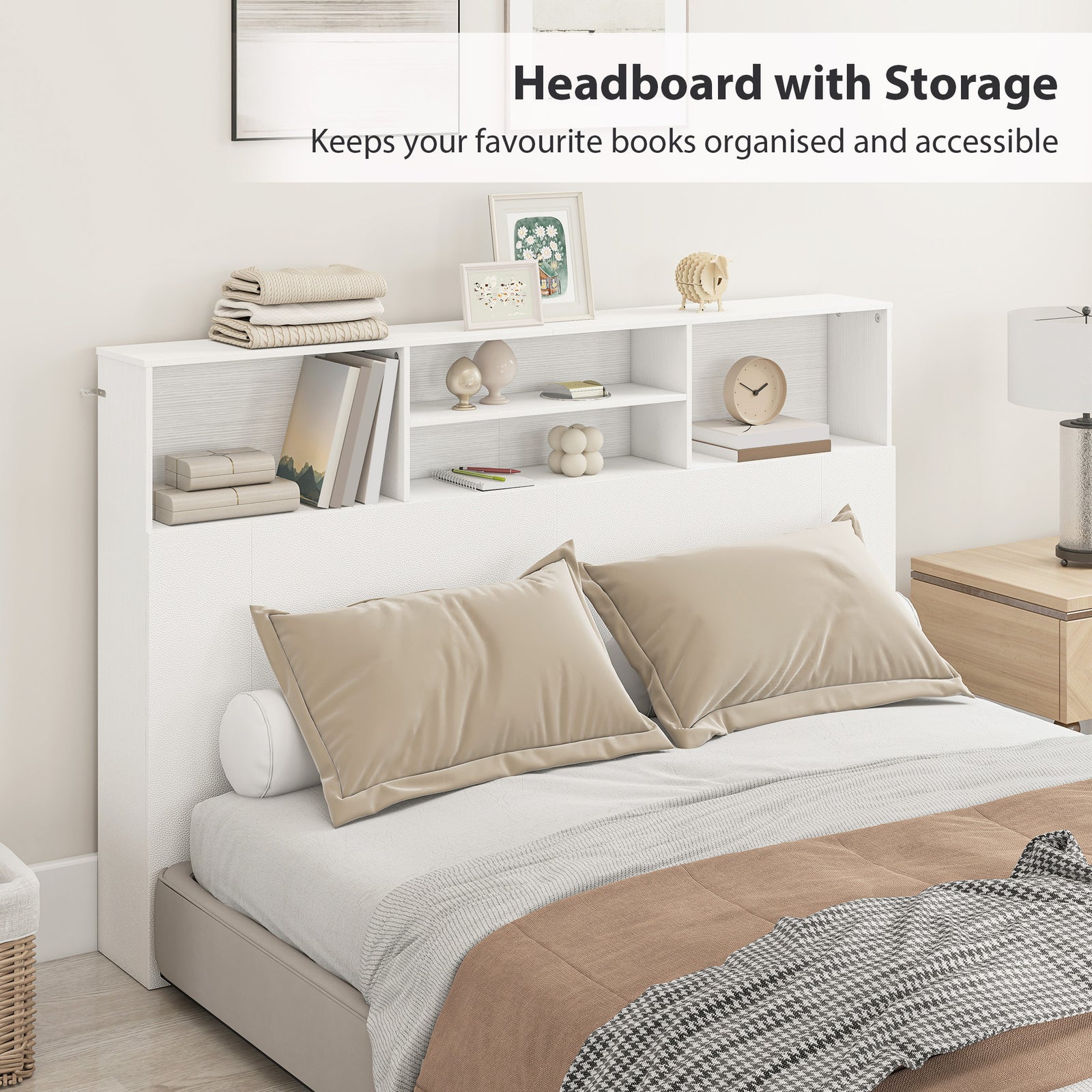 HOMCOM King-Size Headboard with Storage, Freestanding Bed Headboard with 4 Open Compartments for Bedroom, White