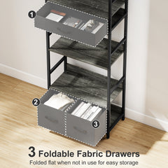 HOMCOM Industrial Style Bookcase, with 4 Shelves and 3 Fabric Drawers - Grey/Black