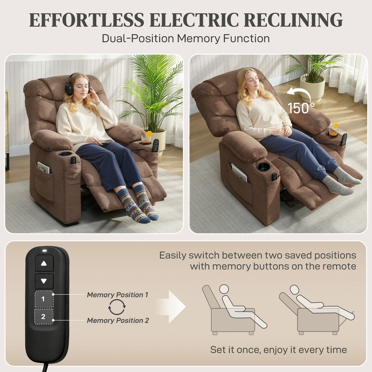 HOMCOM Electric Massage Recliner Armchair with Vibration, Heat, Whisper-Quiet Motor, Memory Function, Fleece Power Reclining Chair with Spring Pack, USB Port, Footrest, Side Pocket, Cup Holders, Brown