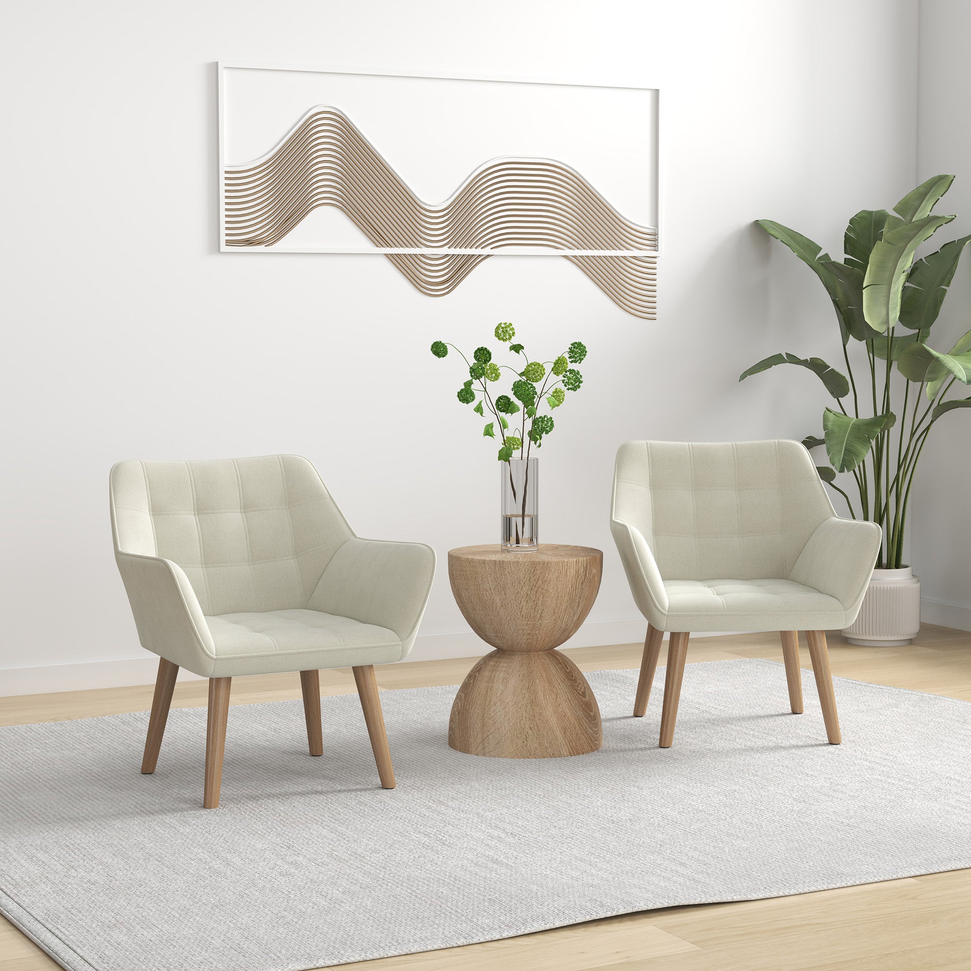 Set of 2 Accent Chair, Arm Chair with Slanted Back, Thick Padding and Rubber Wooden Legs for Living Room, Cream White