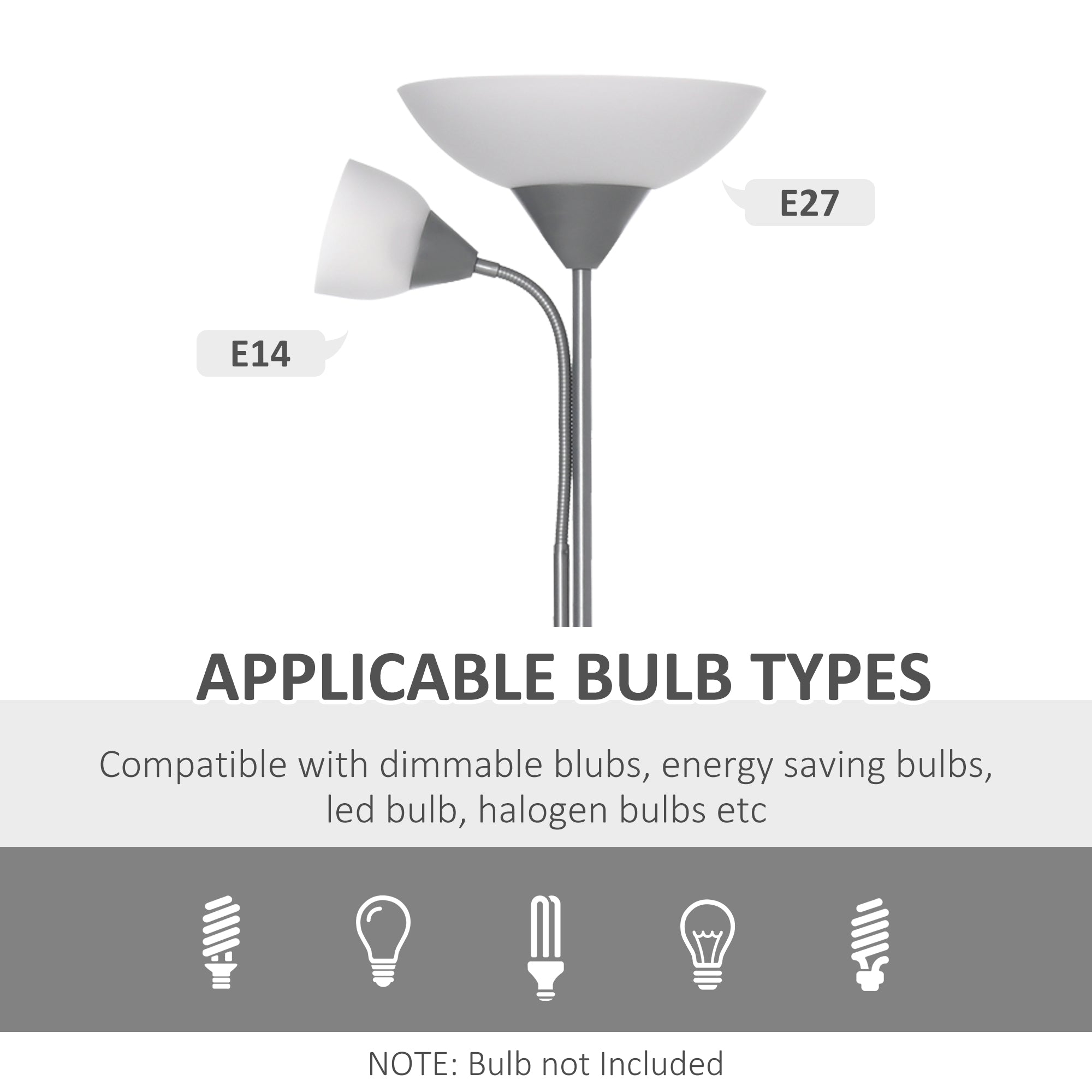 HOMCOM LED Floor Lamp for Living Room, 180cm Tall Standing Lamp, Mother and Child Uplighter with Adjustable Gooseneck, Silver Tone