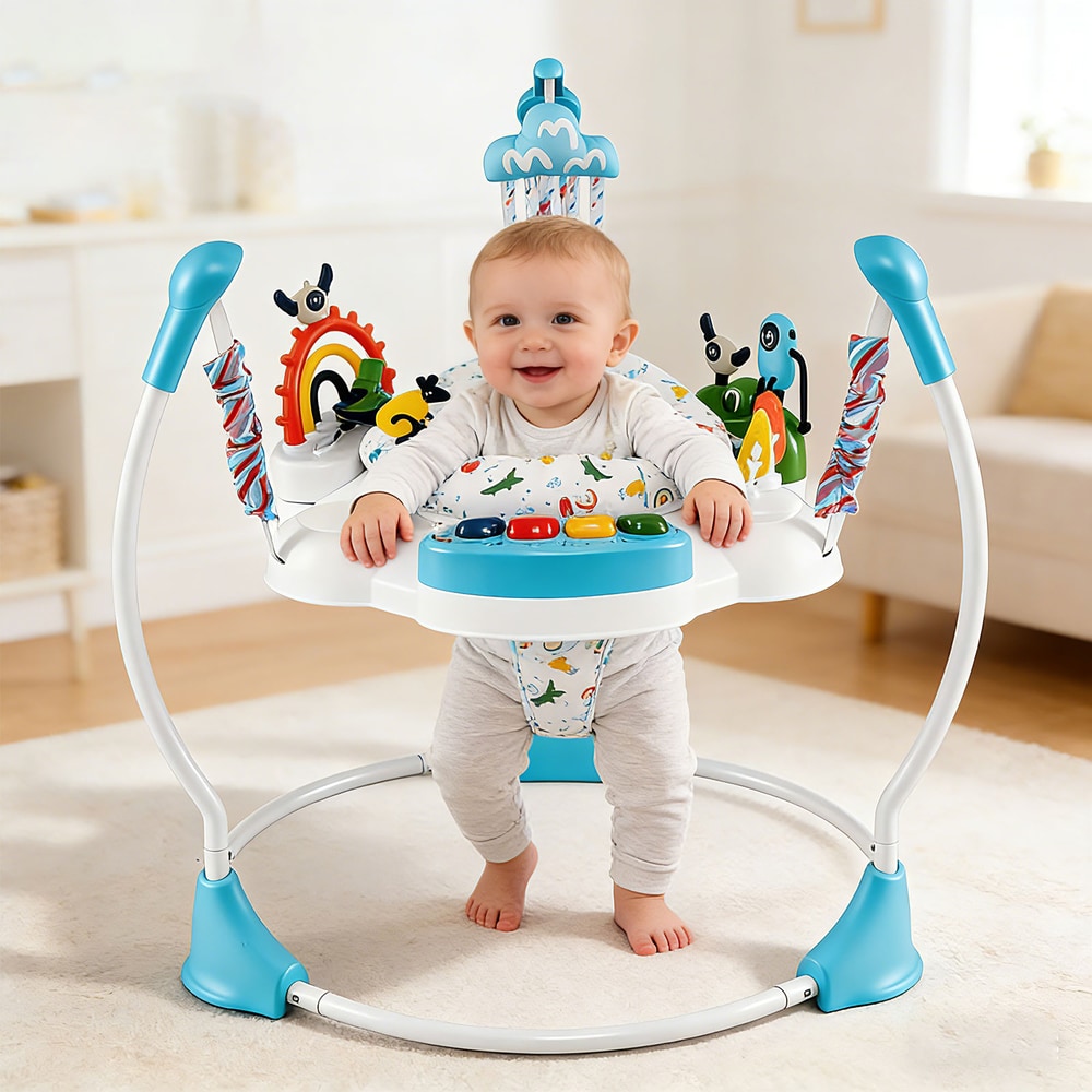 A baby happily bouncing in the green baby jumper and bouncer, smiling at the camera