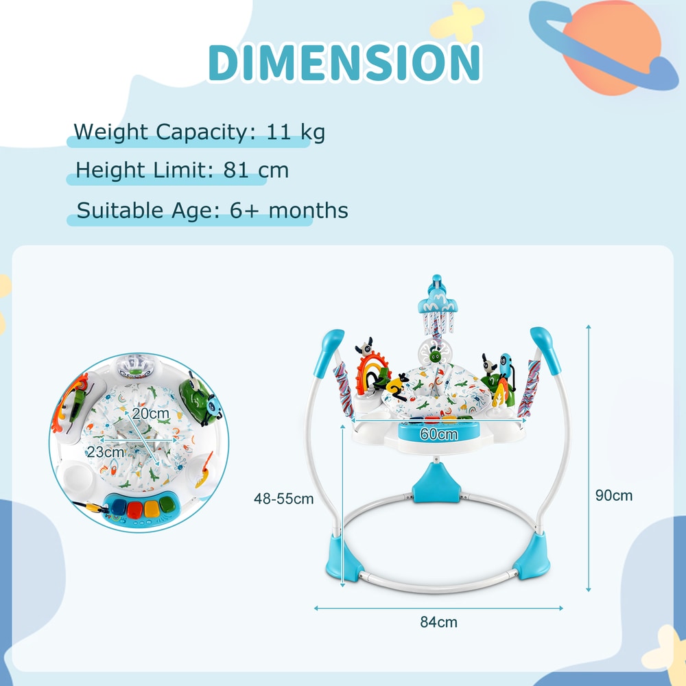 Diagram showing the dimensions and weight capacity of the green baby jumper and bouncer