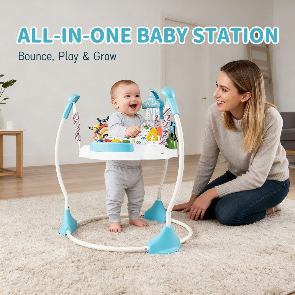 A mother watching her baby play in the green baby jumper and bouncer in a living room