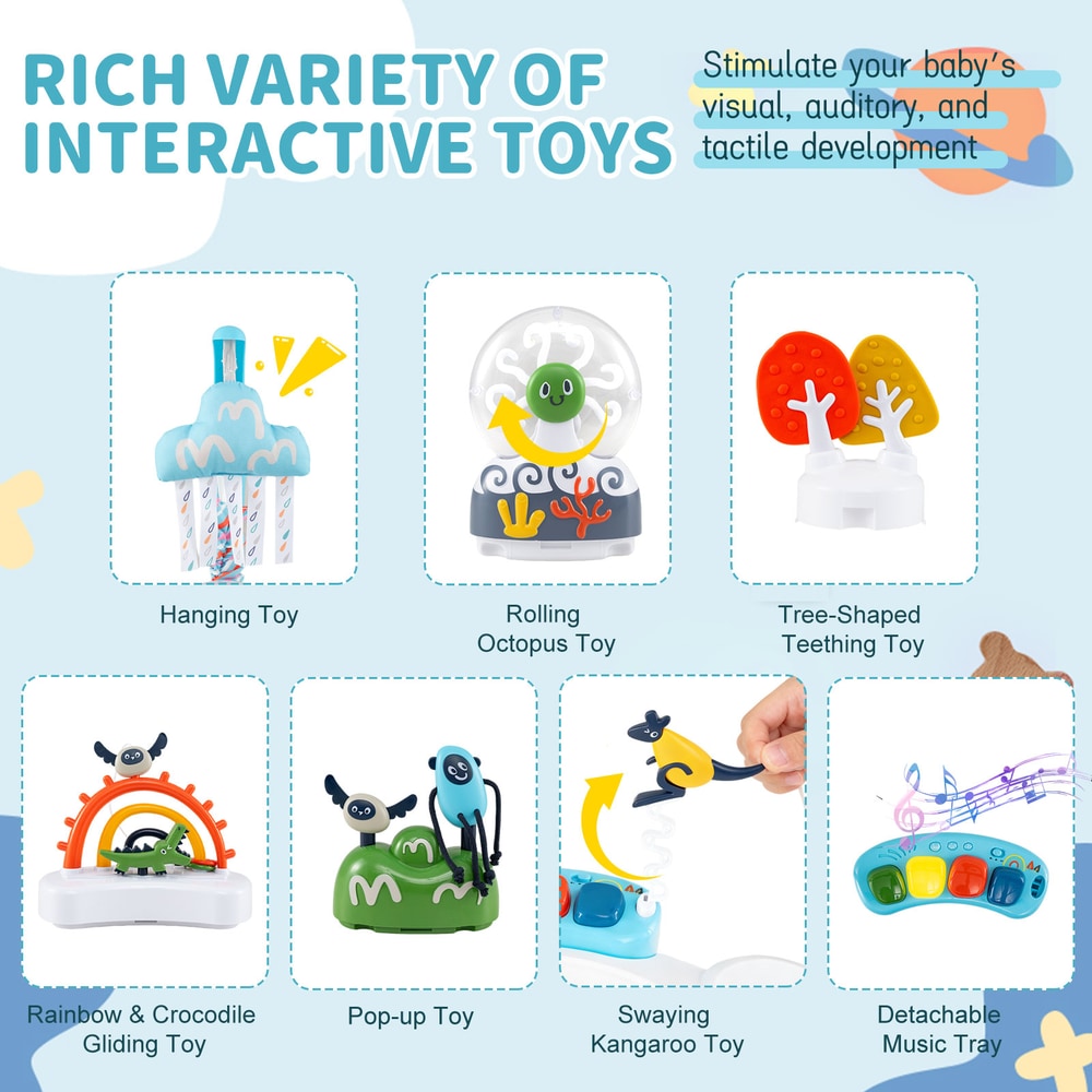 A variety of 6 interactive toys for the green baby jumper and bouncer, including hanging and rolling toys