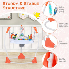 Close up of the sturdy and stable structure of the orange baby jumper and bouncer