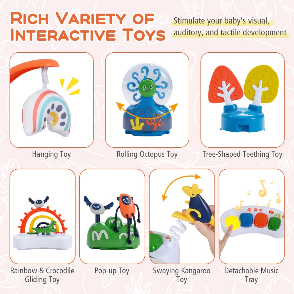 Six interactive toys for the orange baby jumper and bouncer including a hanging toy and a rolling octopus