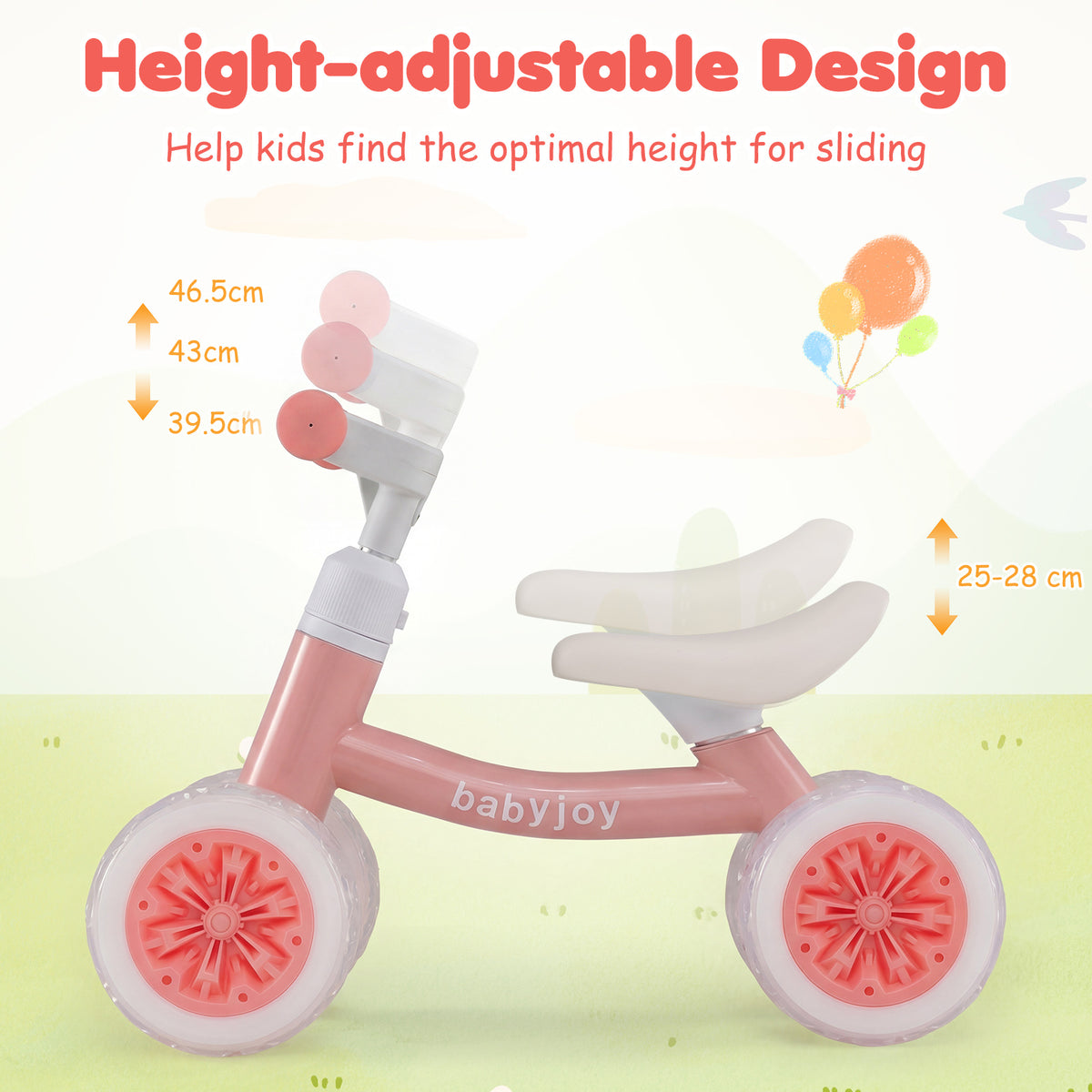 Baby Balance Bike No Pedal Toddler Balance Bike with Adjustable Handlebar and Seat-Pink