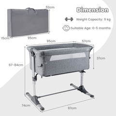 Dimension diagram showing the size of the bedside sleeper and its carry bag