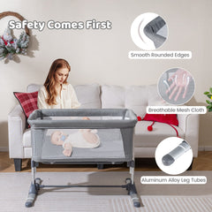 The bedside sleeper with text highlighting smooth edges, breathable mesh and aluminium legs