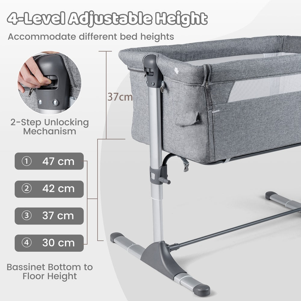 The grey bedside sleeper with an inset showing the height adjustment and locking mechanism