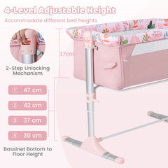 Pink bassinet crib bedside sleeper with adjustable height options and unlocking mechanism