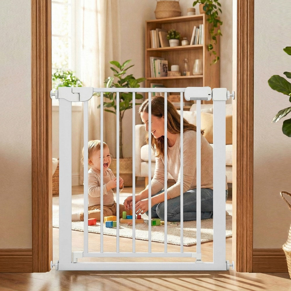 The pet gate separating a living room where a woman and a baby are playing with colourful blocks