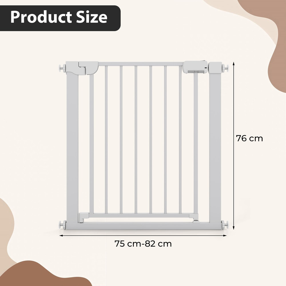 The pet gate with arrows indicating the height and width dimensions on a neutral background