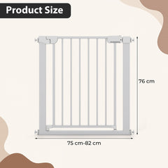 The pet gate with arrows indicating the height and width dimensions on a neutral background