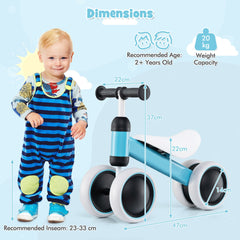 Dimensions diagram showing a child next to the blue balance bike with measurements