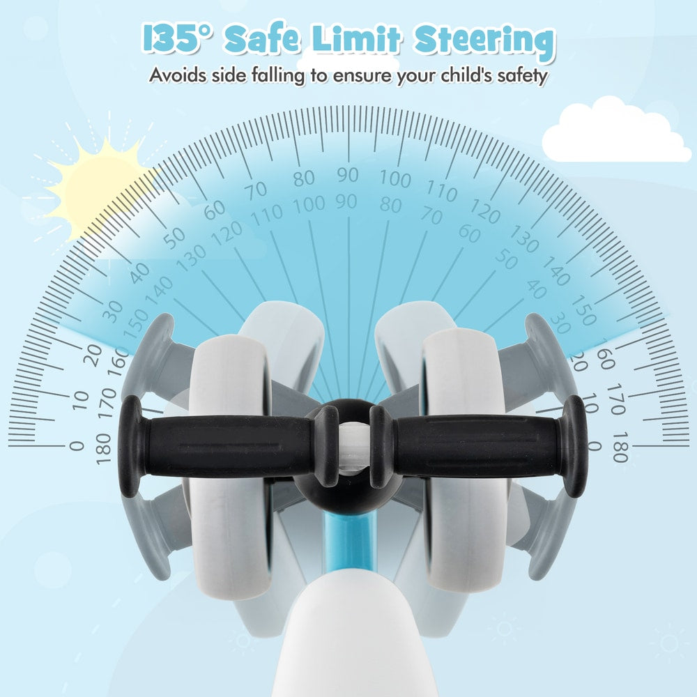 Top view of the balance bike handlebars showing the steering range on a protractor background