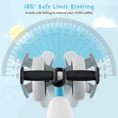 Top view of the balance bike handlebars showing the steering range on a protractor background