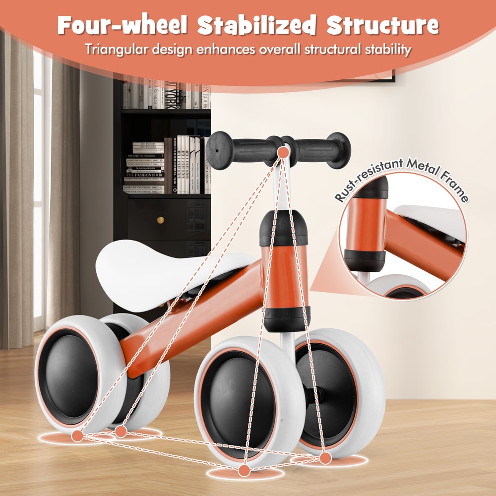 Diagram showing the four-wheel stabilized structure of the orange balance bike