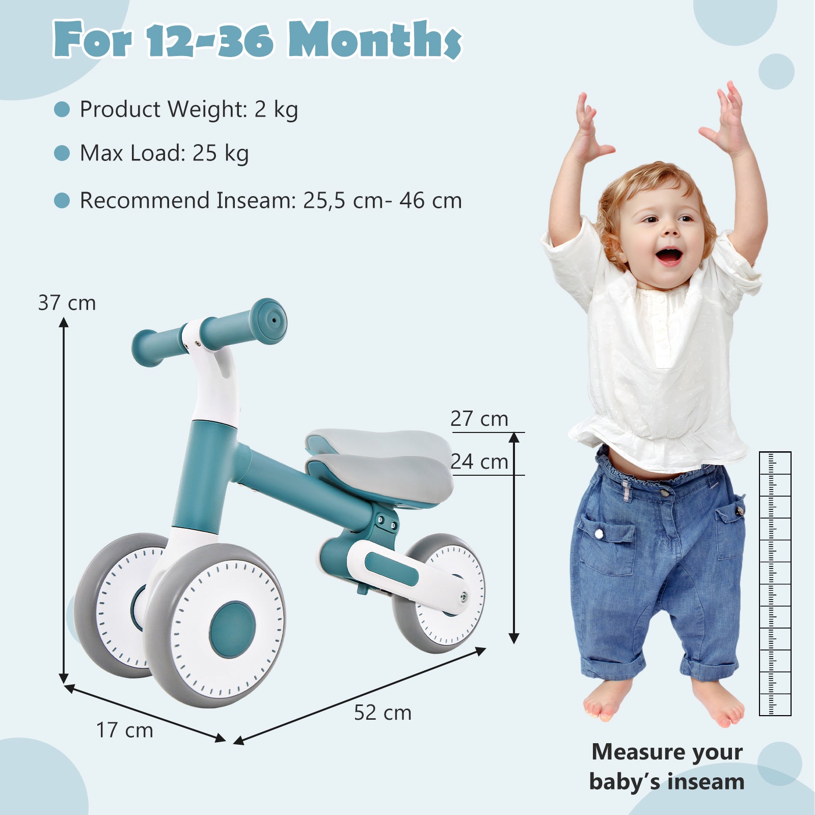 Baby Balance Bike Toddler Walker Training Bicycle with Adjustable Seat-Blue