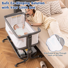 The bedside sleeper shown as a co-sleeping solution with mesh sides