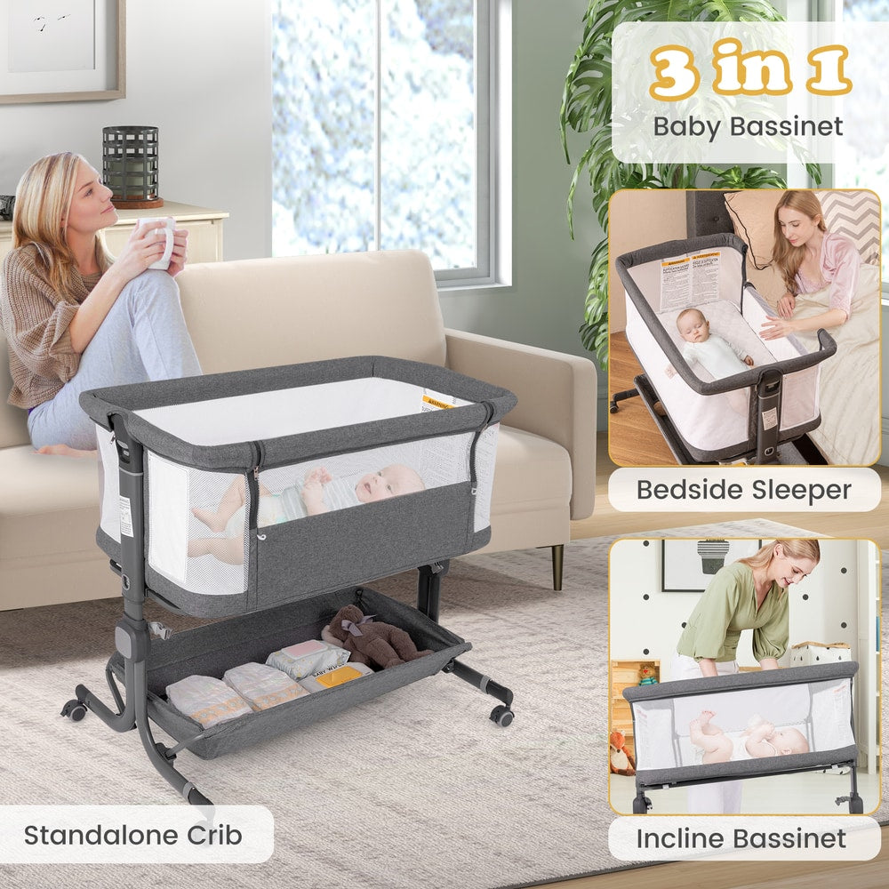 This baby bassinet bedside sleeper is shown in three configurations: standalone crib, bedside sleeper, and inclined bassinet