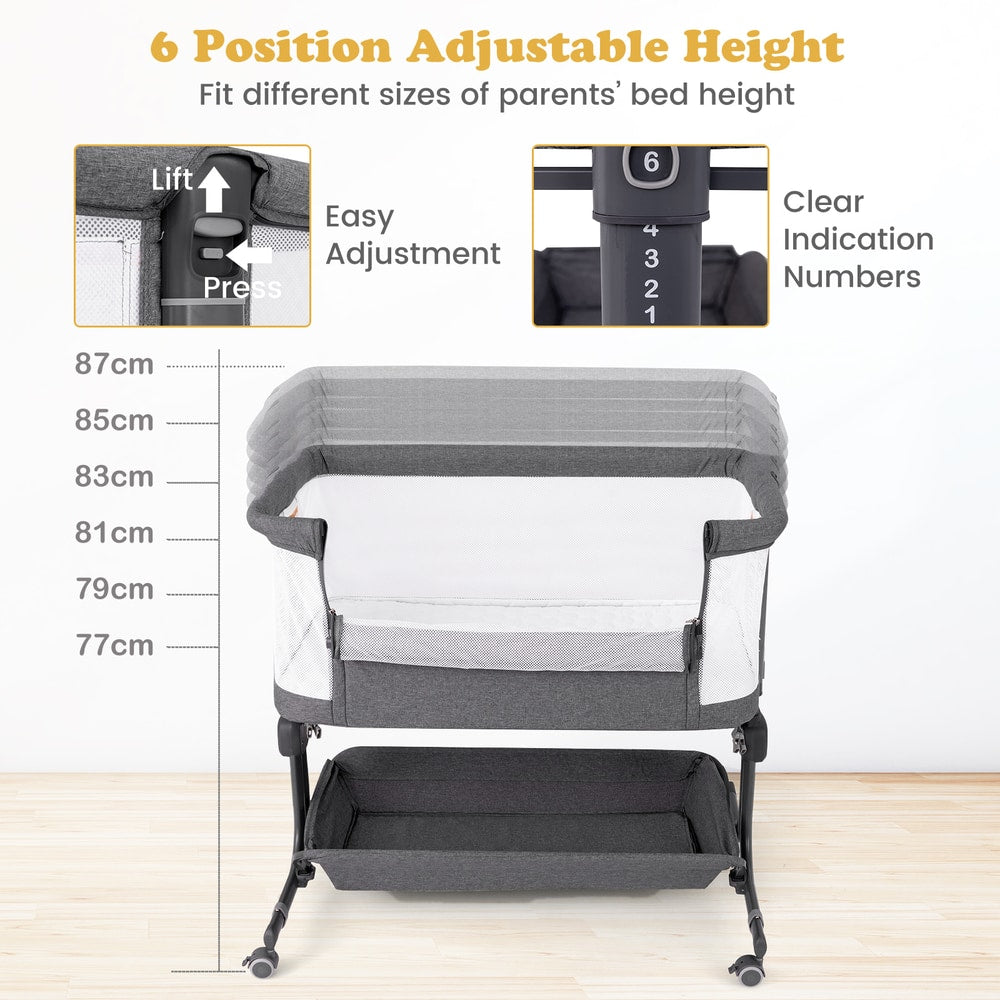 The grey bassinet bedside sleeper showing the 6-level height adjustment with clear indication numbers