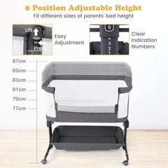 The grey bassinet bedside sleeper showing the 6-level height adjustment with clear indication numbers