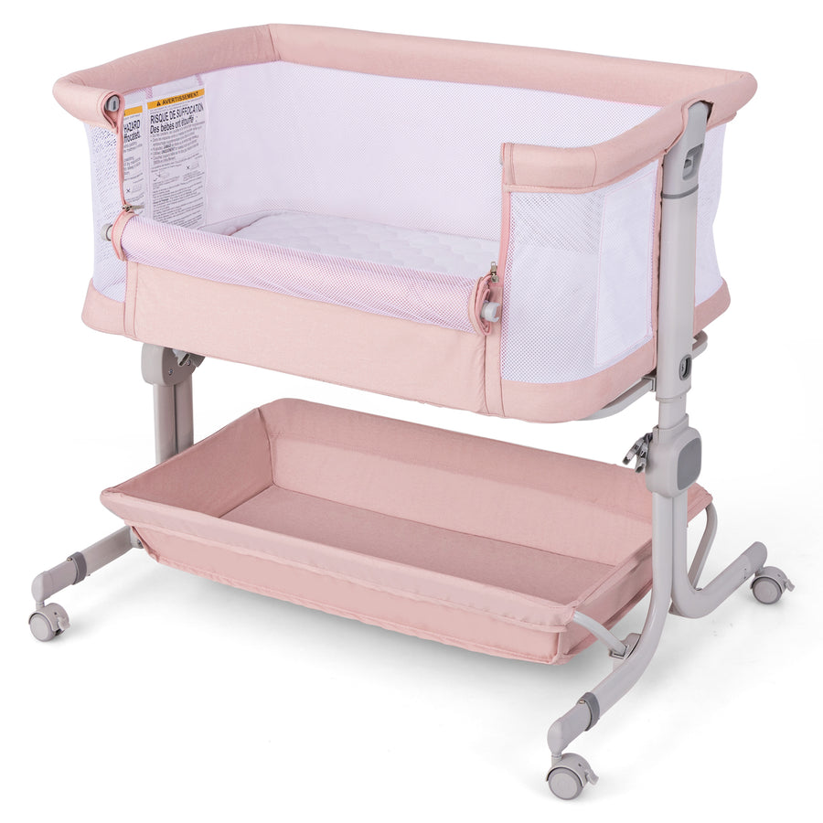 Baby Bassinet Bedside Sleeper with 6-Level Adjustable Height and Storage Shelf-Pink