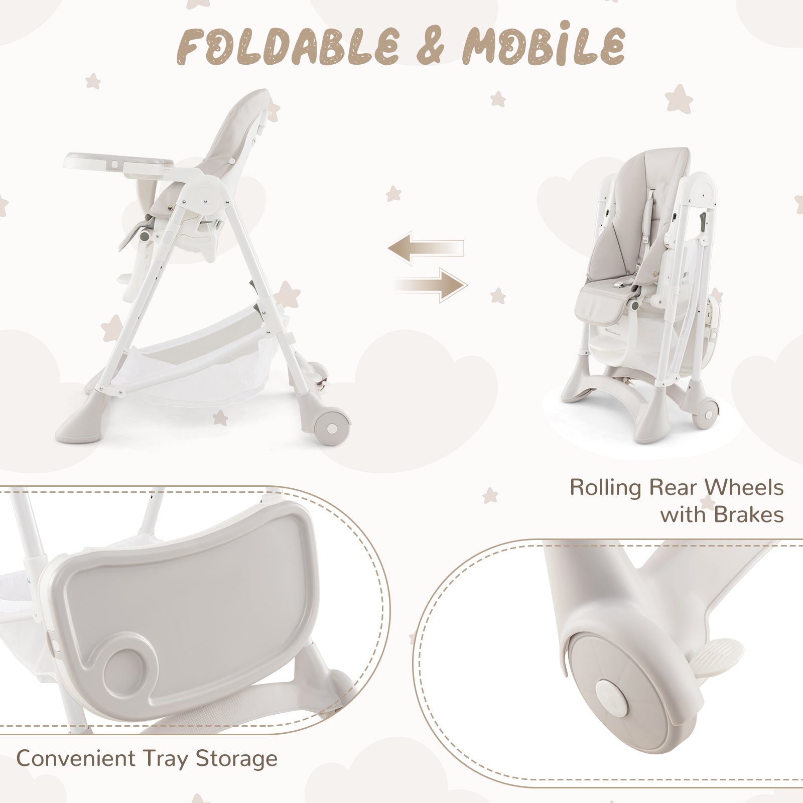 Baby High Chair with Detachable PU Cushion and Lockable Wheels-Beige