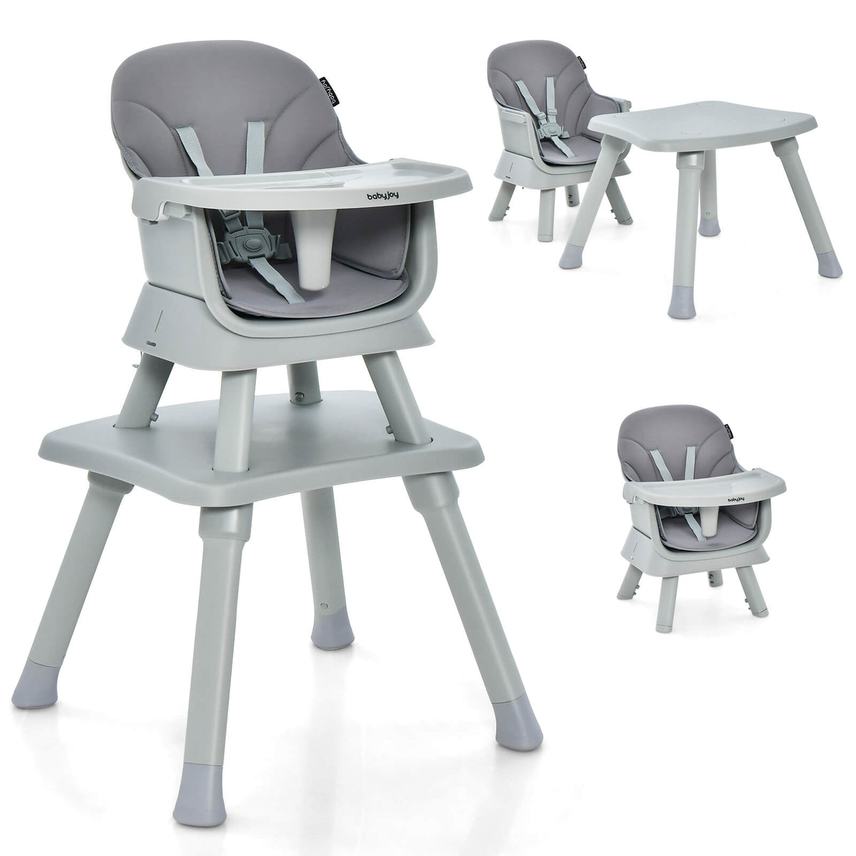 The grey high chair and table set shown from a different angle