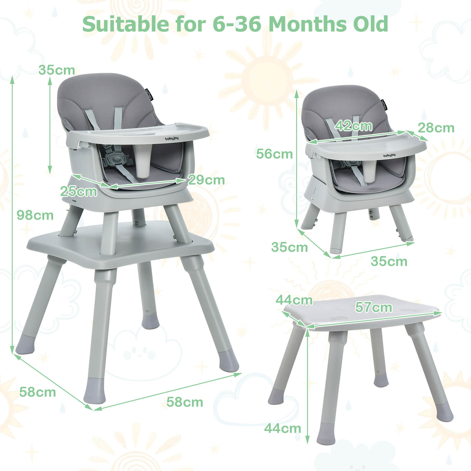 6-in-1 Baby High Chair with 5-Point Harness and Removable Tray-Gray