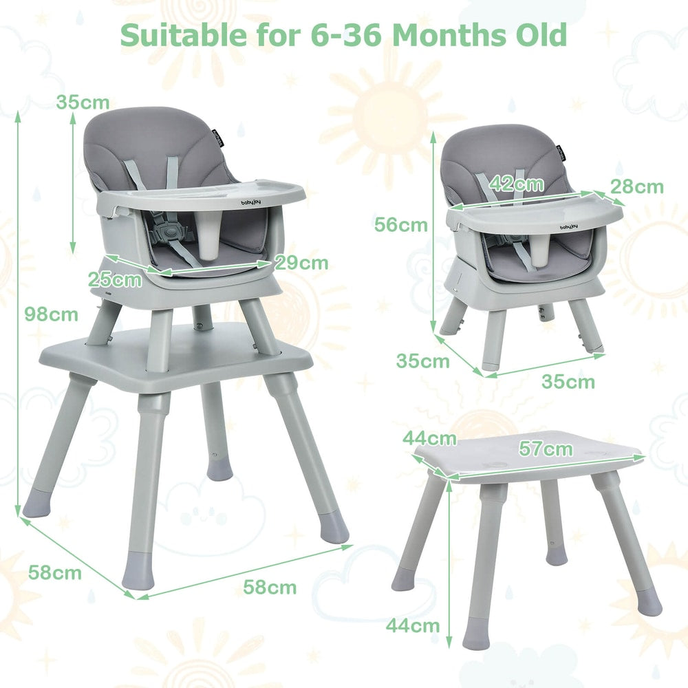 Dimensions diagram for the grey high chair and table set