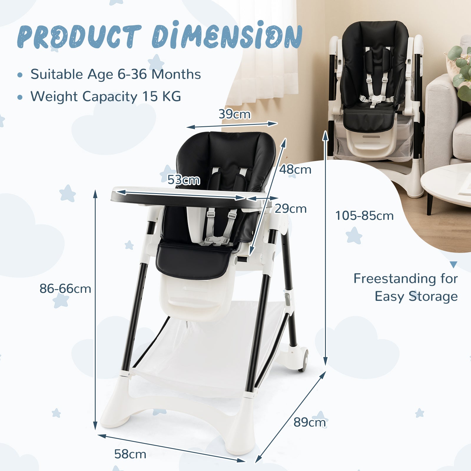 Baby High Chair with Detachable PU Cushion and Lockable Wheels-Black