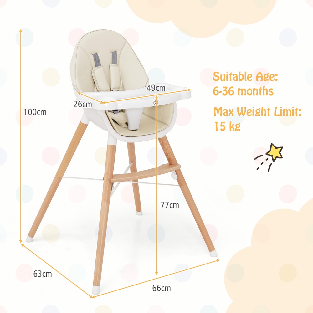 The beige baby high chair with dimensions and weight limit clearly marked