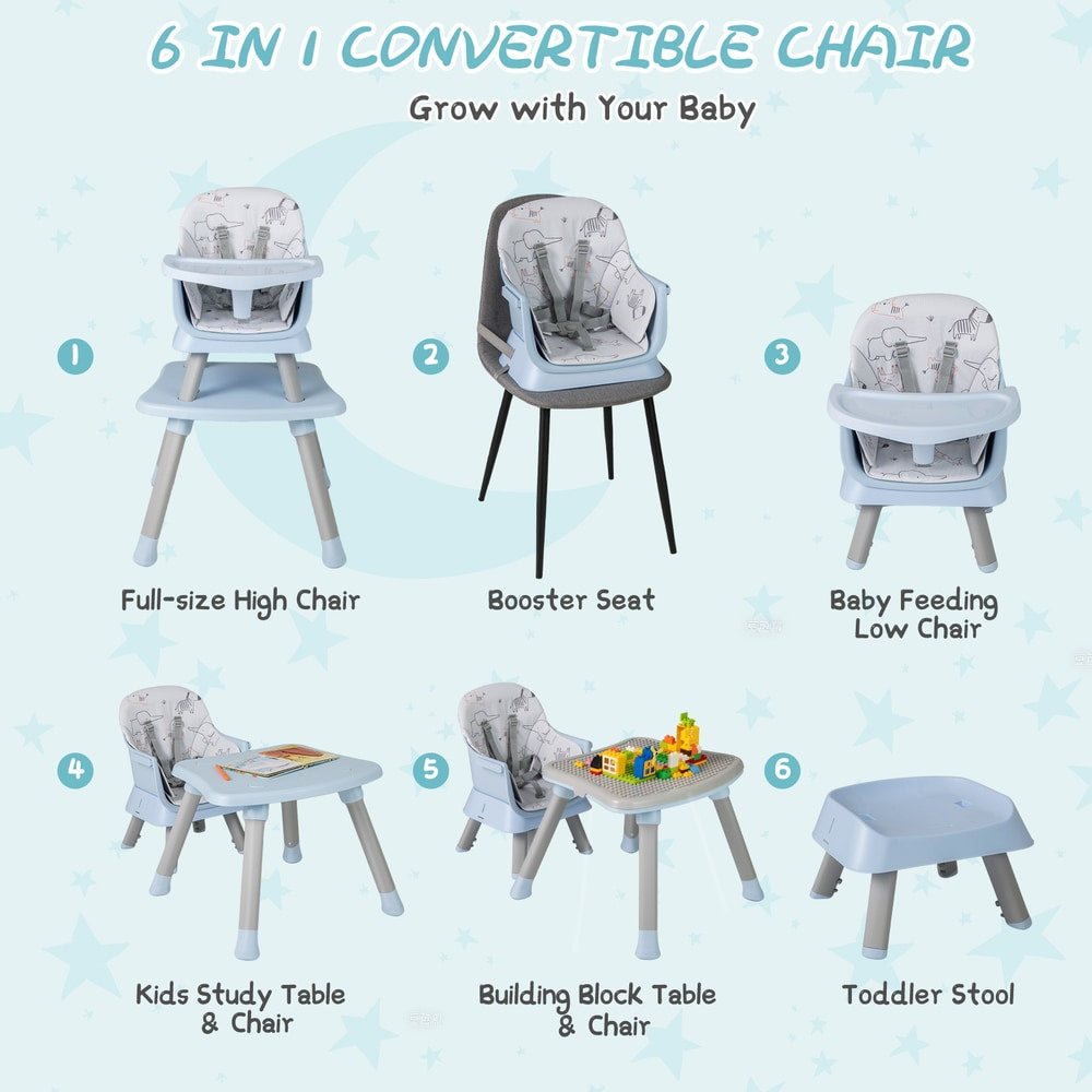Six different ways to use the blue high chair, labelled from 1 to 6