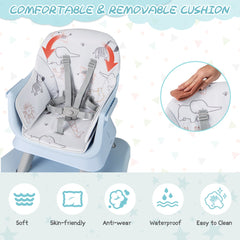 Close up of the padded seat cushion for the blue high chair, showing its soft and skin-friendly features