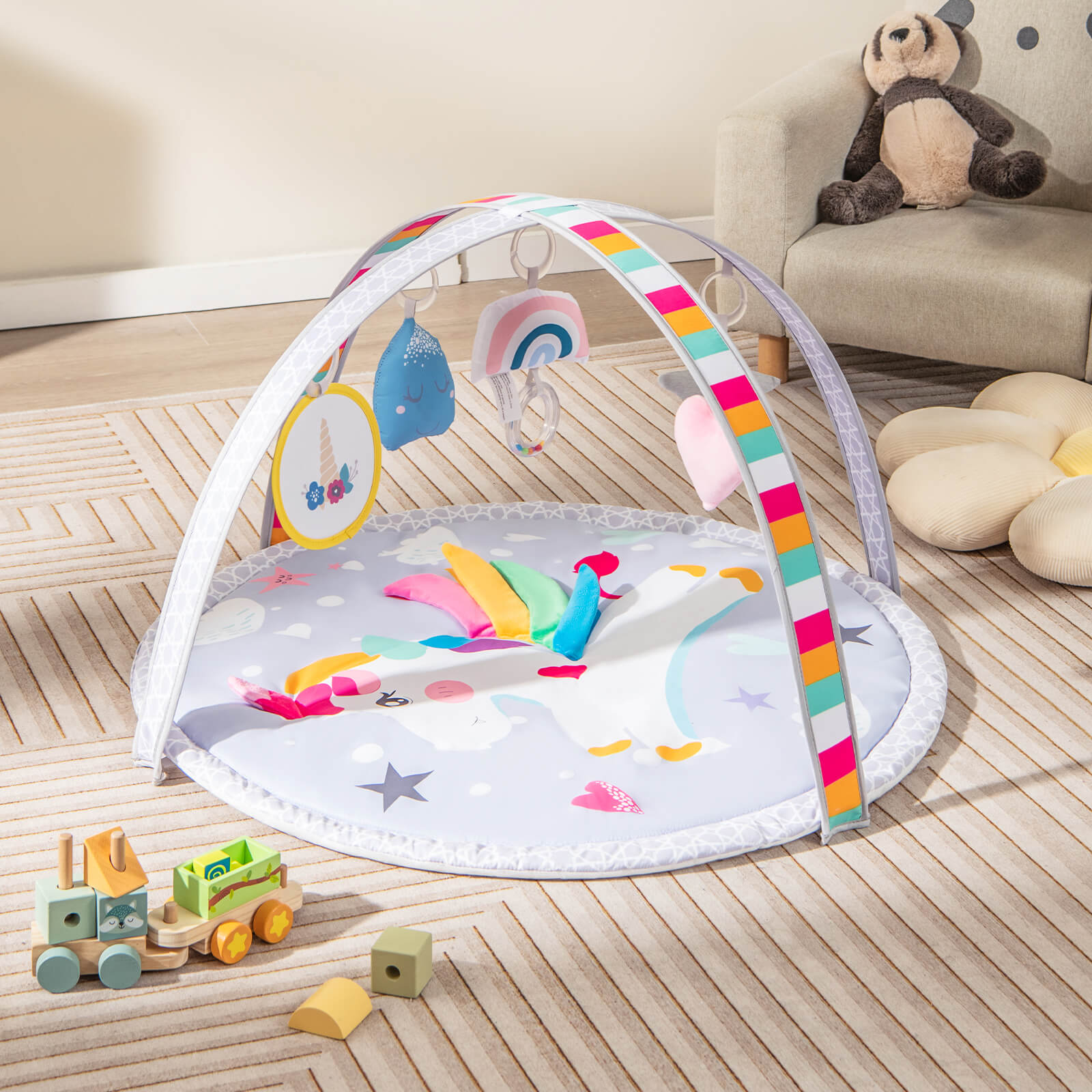 Baby Play Gym Mat 7-in-1 Tummy Time Activity with 5 Detachable Toys-Multicolor