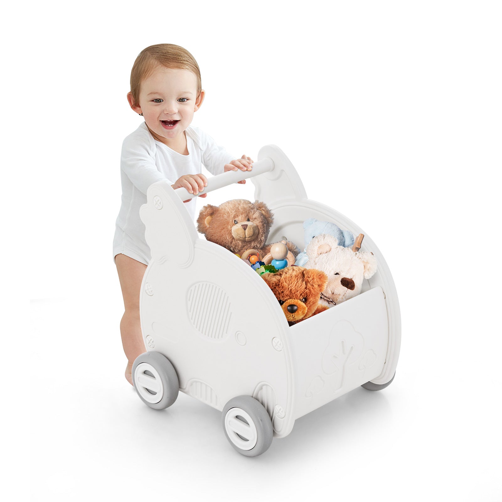 Baby Walker Push Toy 4-Wheel Toddler Toy Cart Elephant Shape-White