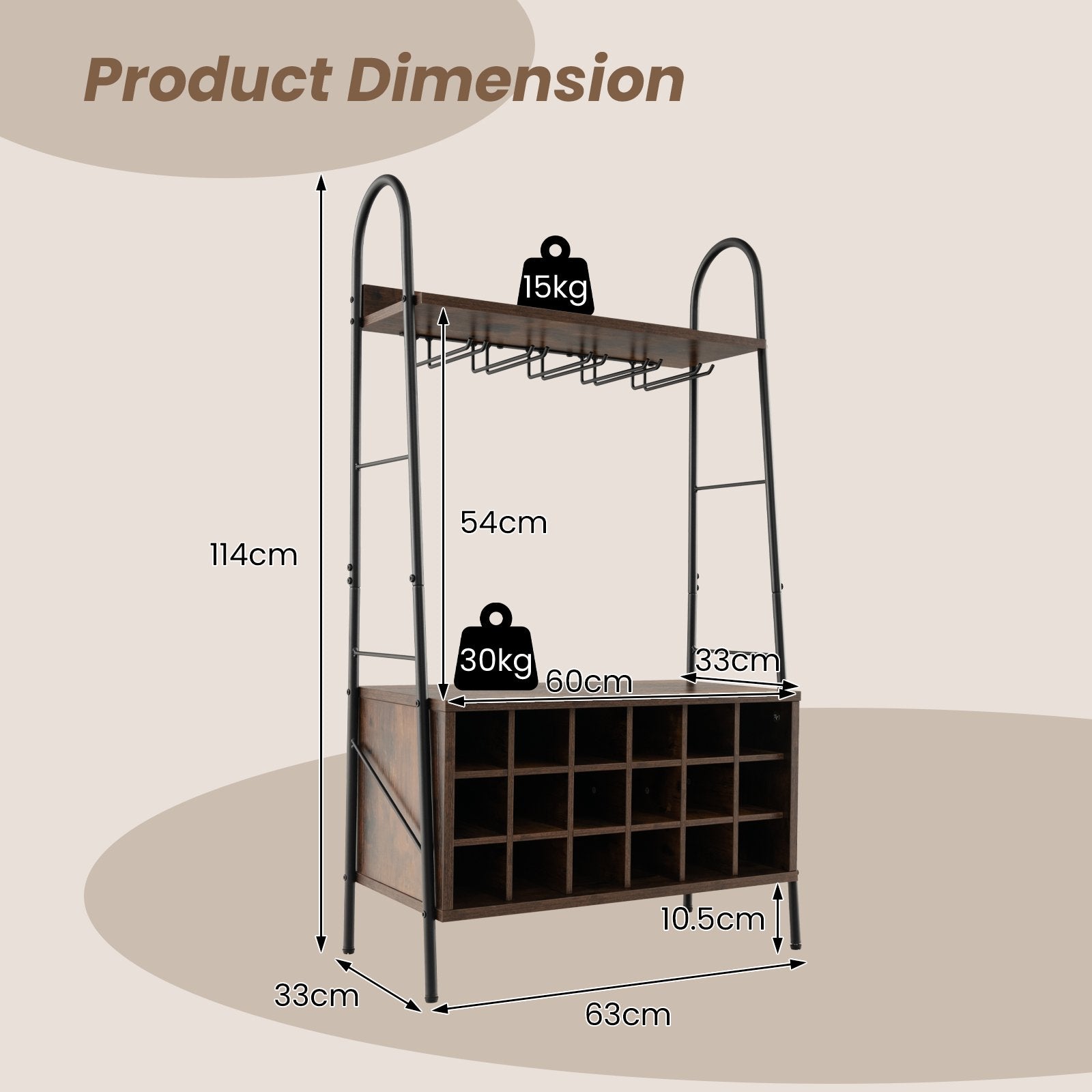 Baker‚Äôs Rack with Detachable Wine Rack and 5 Rows of Stemware Holder-Rustic Brown