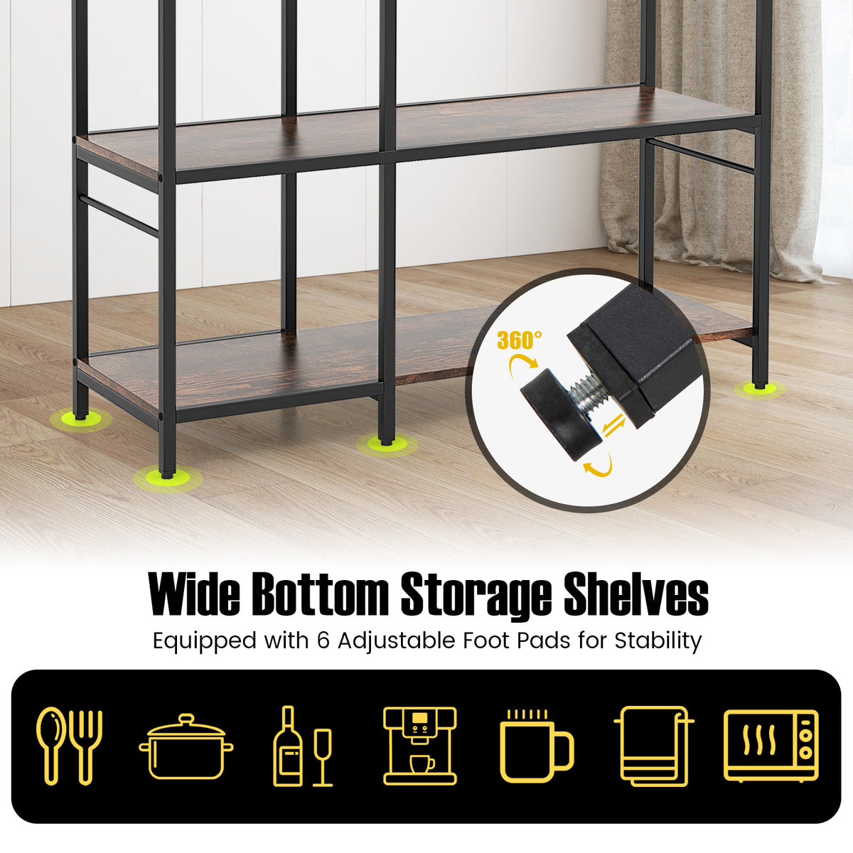 Bakers Rack with Power Outlets and 10 S-Shaped Hooks-Coffee