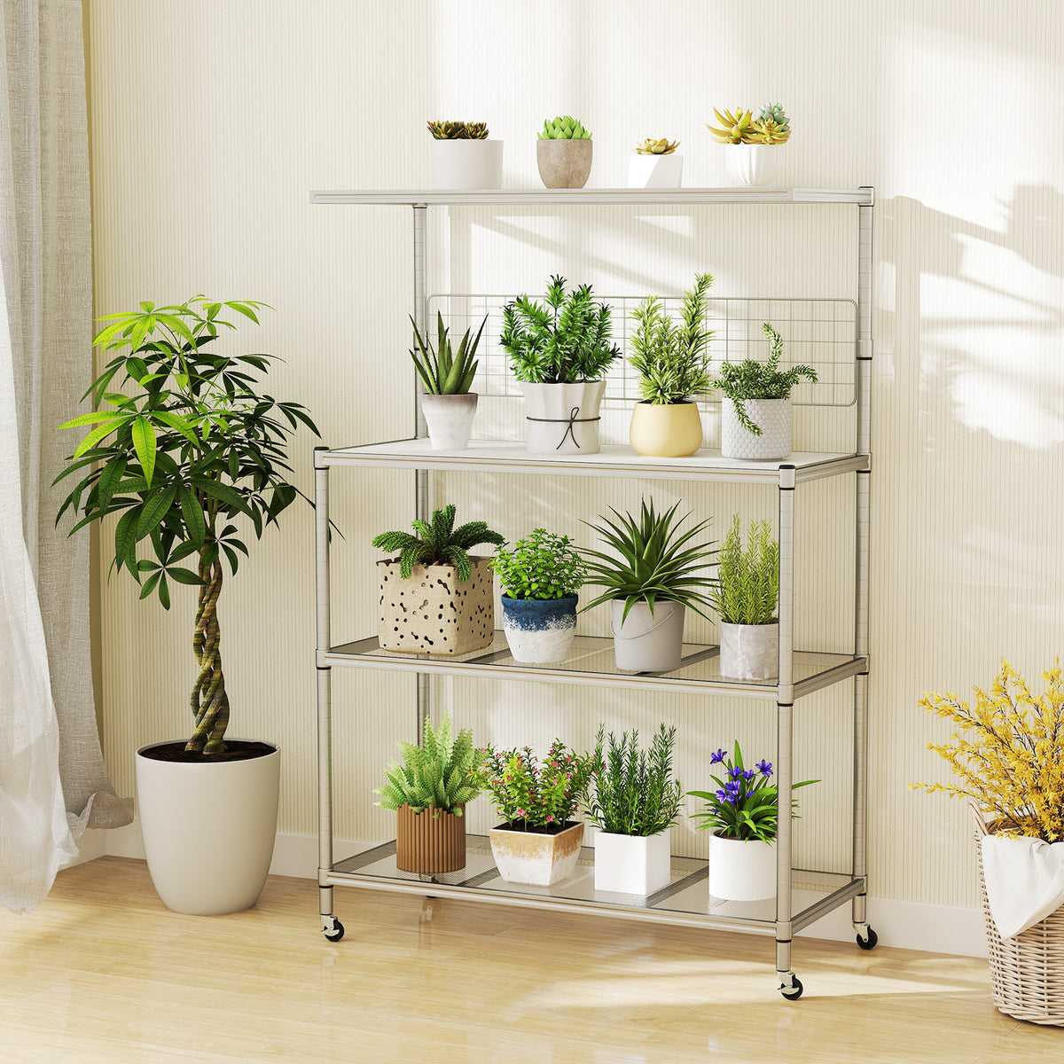 Bakers Rack on Wheels with Adjustable Shelves and Shelf Liner-Silver