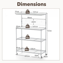 Bakers Rack on Wheels with Adjustable Shelves and Shelf Liner-Silver