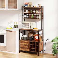 Bakers Rack with Power Outlet and Heavy-Duty Metal Frame-Reddish Brown