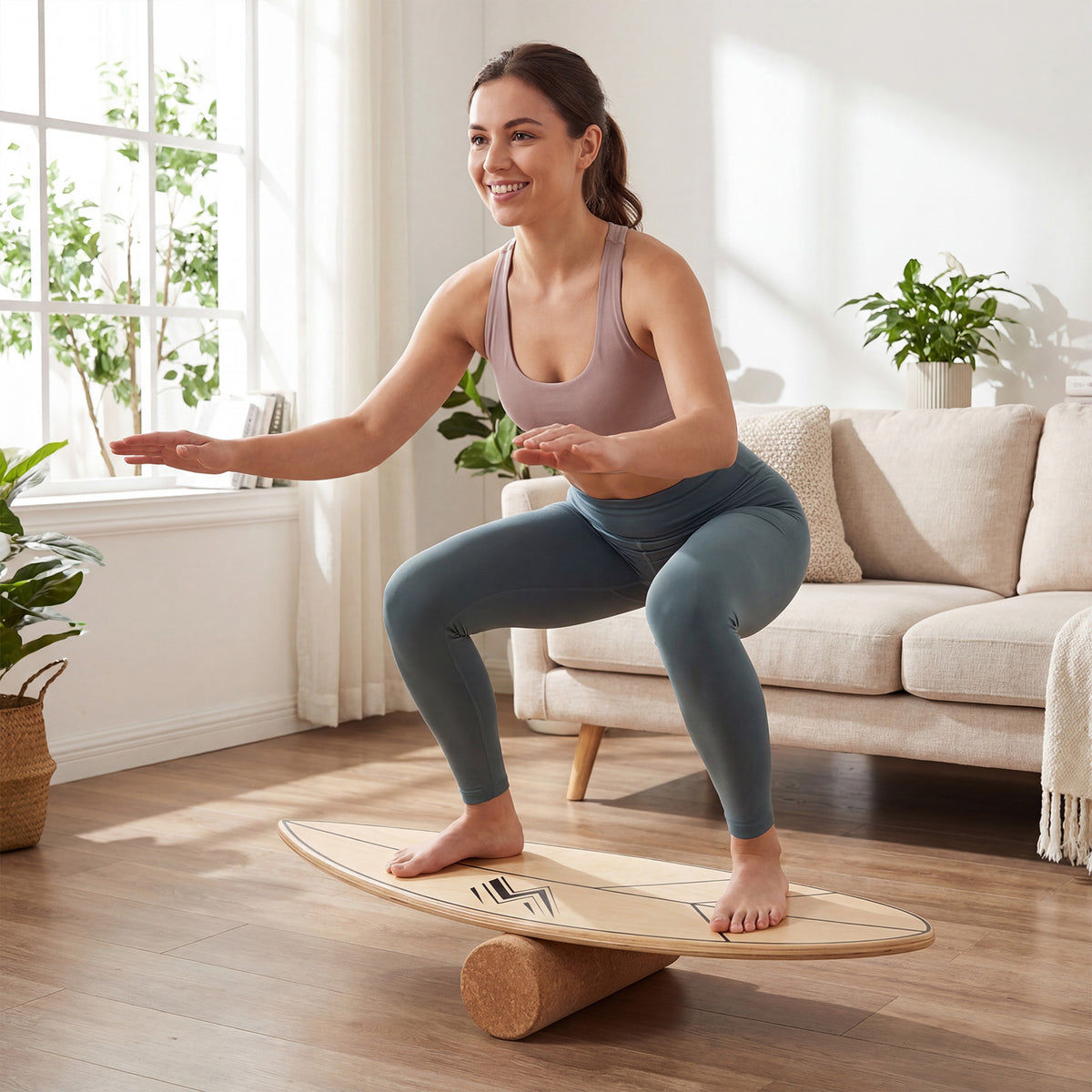 Balance Board Trainer with Roller Fun Workout Equipment-Natural