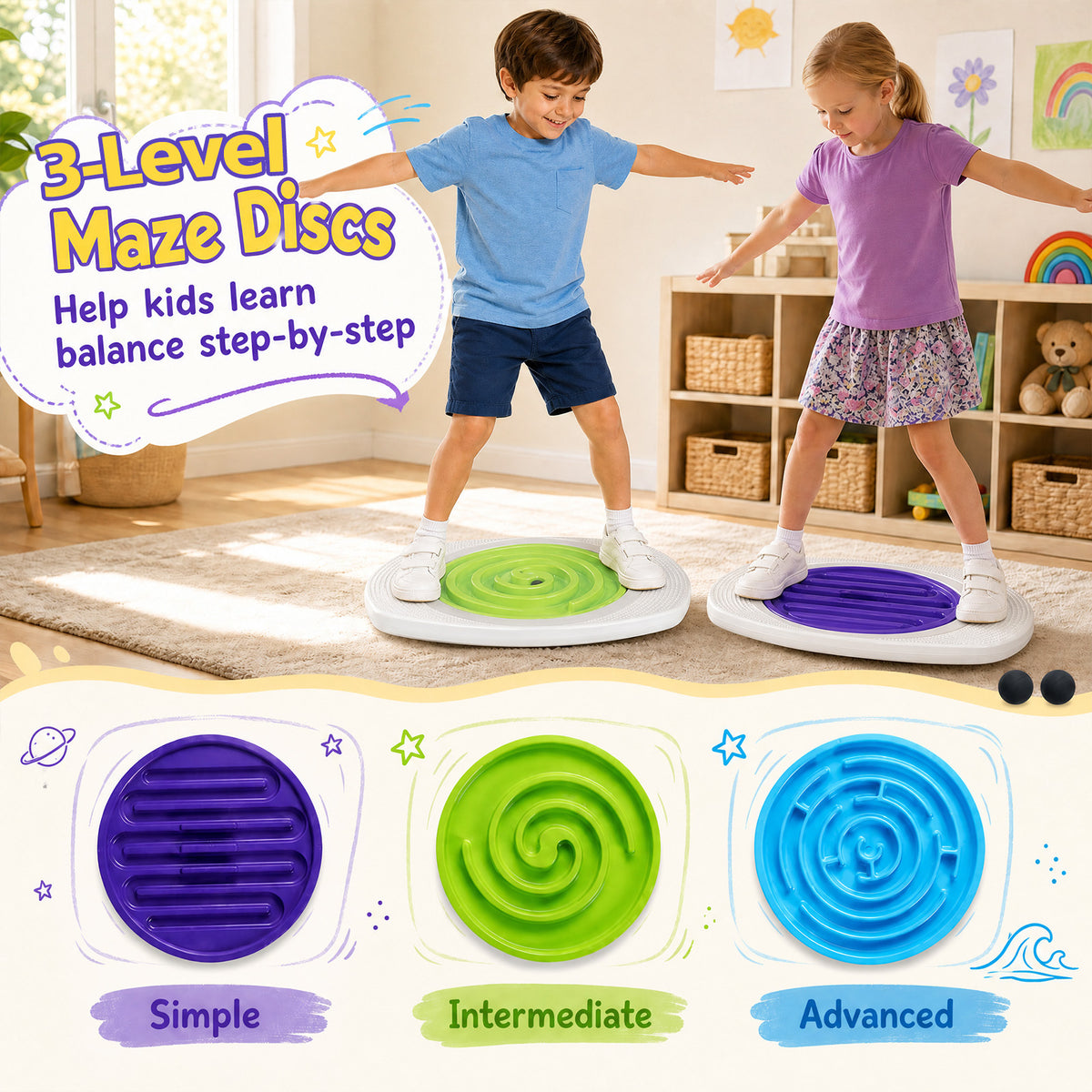 Balance Board for Kids with 3 Maze Discs and 2 Balls