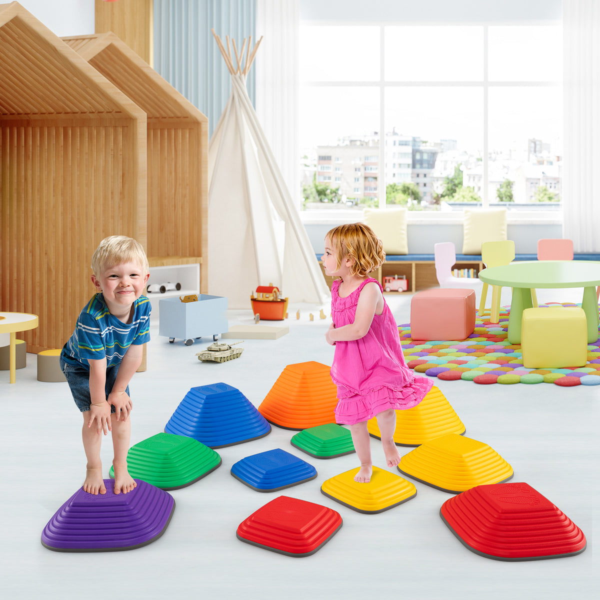 11 Pieces Kids Stepping Stone Toddler Balance Blocks with Full Non-Slip Rim-Multicolor